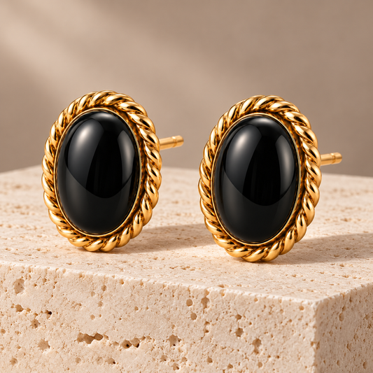 Vellouswell Black Oval Stud Earrings | Gold-Tone Rope Border