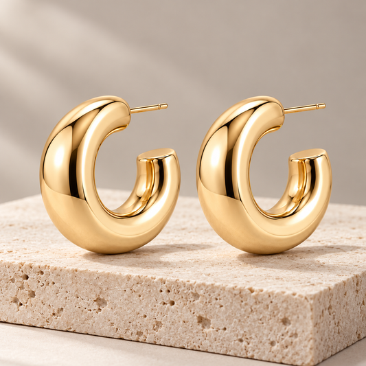 Vellouswell Gold-Tone Chunky C-Hoop Earrings | Rounded Sculptural Design