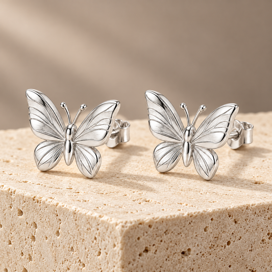 Vellouswell Silver-Tone Butterfly Stud Earrings | Textured Wing Design