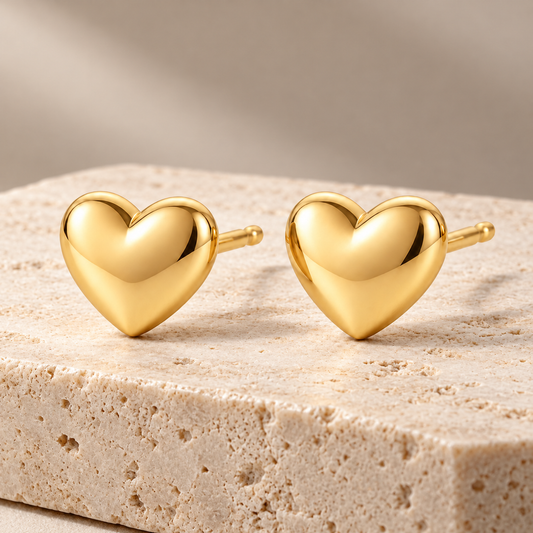 Vellouswell Gold-Tone Heart Stud Earrings | Rounded Reflective Design