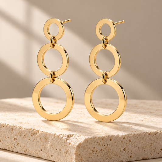 Vellouswell Gold-Tone Triple Circle Drop Earrings | Graduated Geometric Design