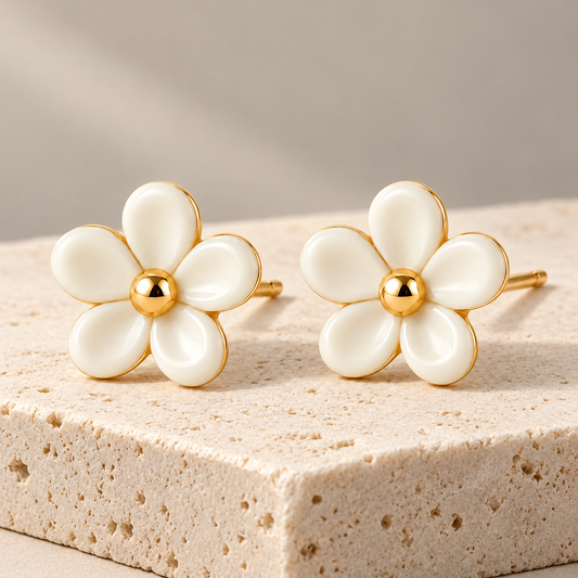 Vellouswell Cream Flower Stud Earrings | Gold-Tone Center and Edges