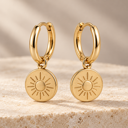Vellouswell Gold-Tone Sun Disc Charm Hoop Earrings