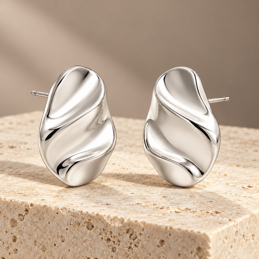 Vellouswell Silver-Tone Sculptural Wave Stud Earrings
