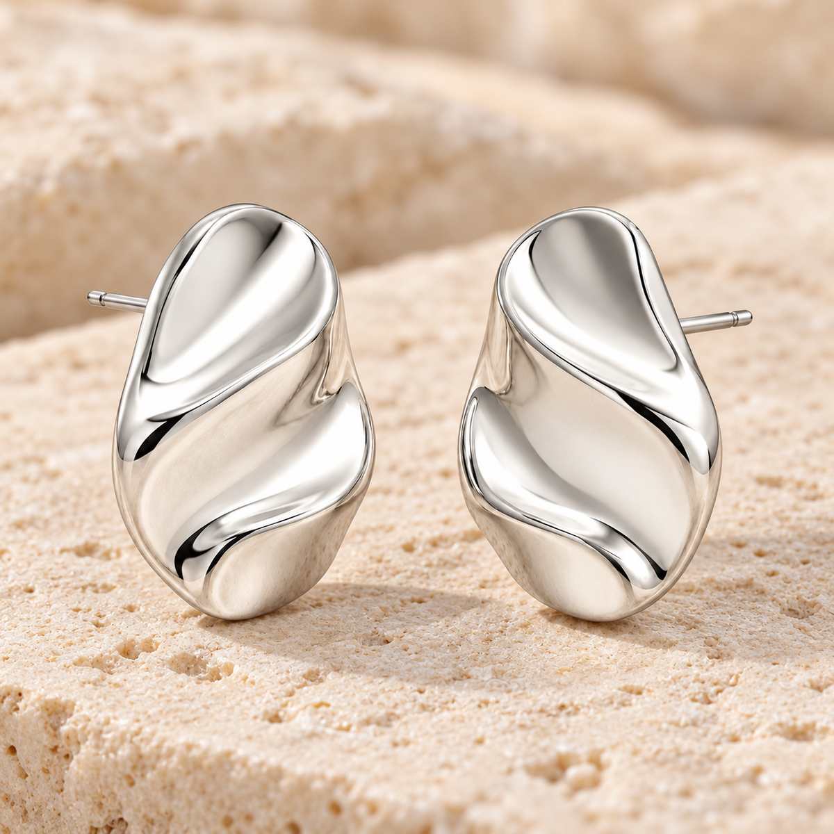 Vellouswell Silver-Tone Sculptural Wave Stud Earrings