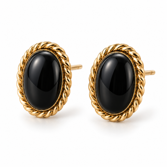 Vellouswell Black Oval Stud Earrings | Gold-Tone Rope Border