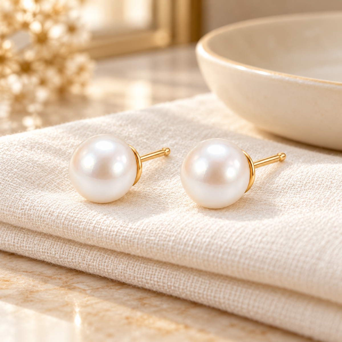 Vellouswell Cream Pearl-Look Stud Earrings | Gold-Tone Settings