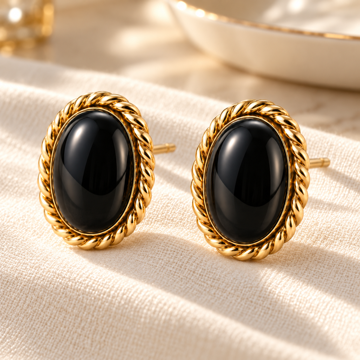 Vellouswell Black Oval Stud Earrings | Gold-Tone Rope Border