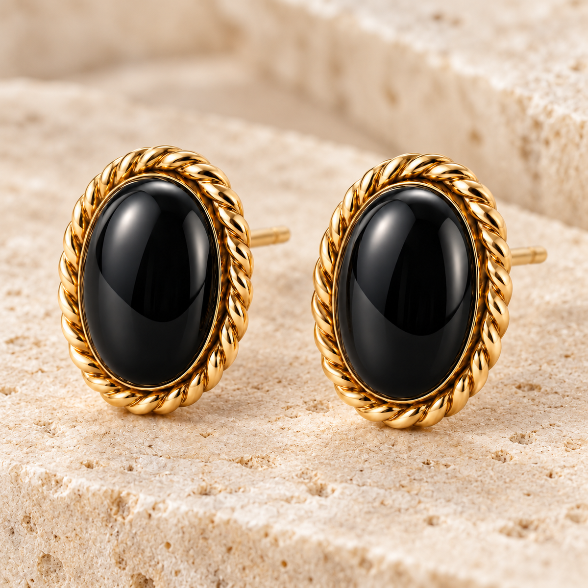 Vellouswell Black Oval Stud Earrings | Gold-Tone Rope Border