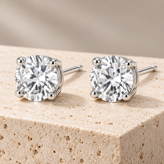 Vellouswell Round Crystal-Look Stud Earrings | Silver-Tone Four-Prong Design
