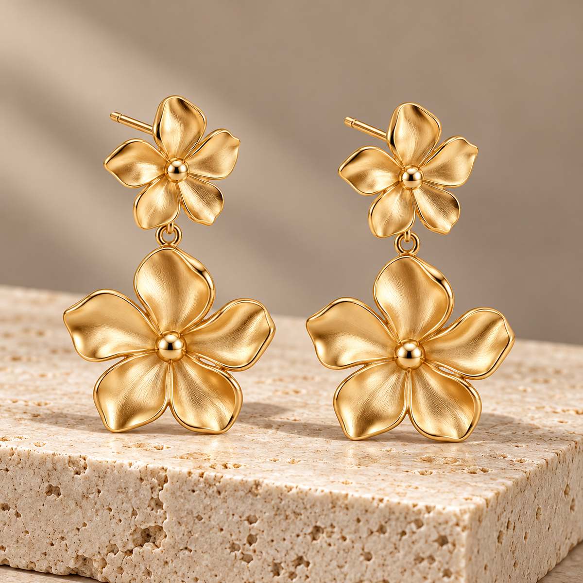 Vellouswell Gold-Tone Double Flower Drop Earrings | Textured Petal Design