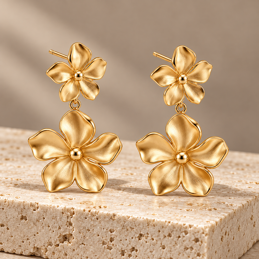 Vellouswell Gold-Tone Double Flower Drop Earrings | Textured Petal Design
