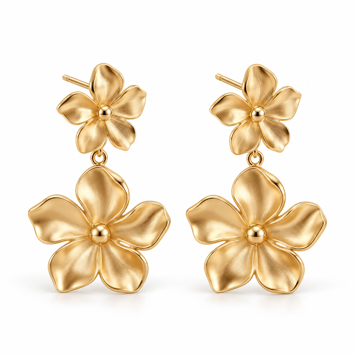Vellouswell Gold-Tone Double Flower Drop Earrings | Textured Petal Design
