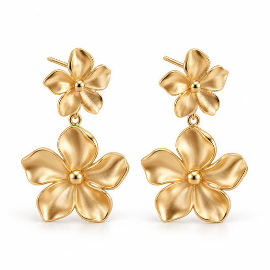 Vellouswell Gold-Tone Double Flower Drop Earrings | Textured Petal Design
