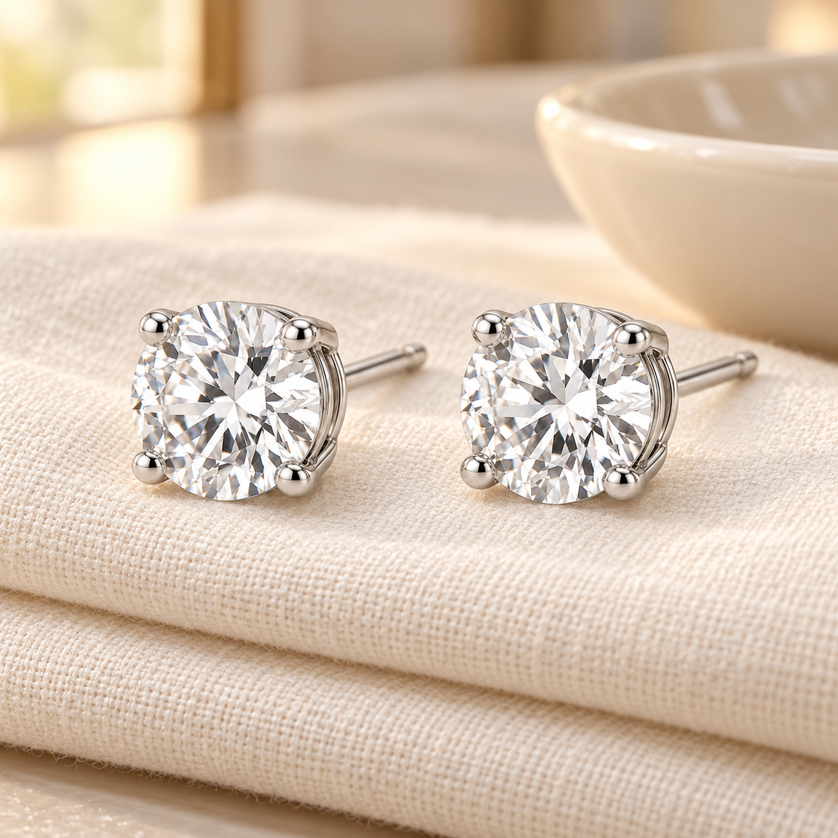 Vellouswell Round Crystal-Look Stud Earrings | Silver-Tone Four-Prong Design