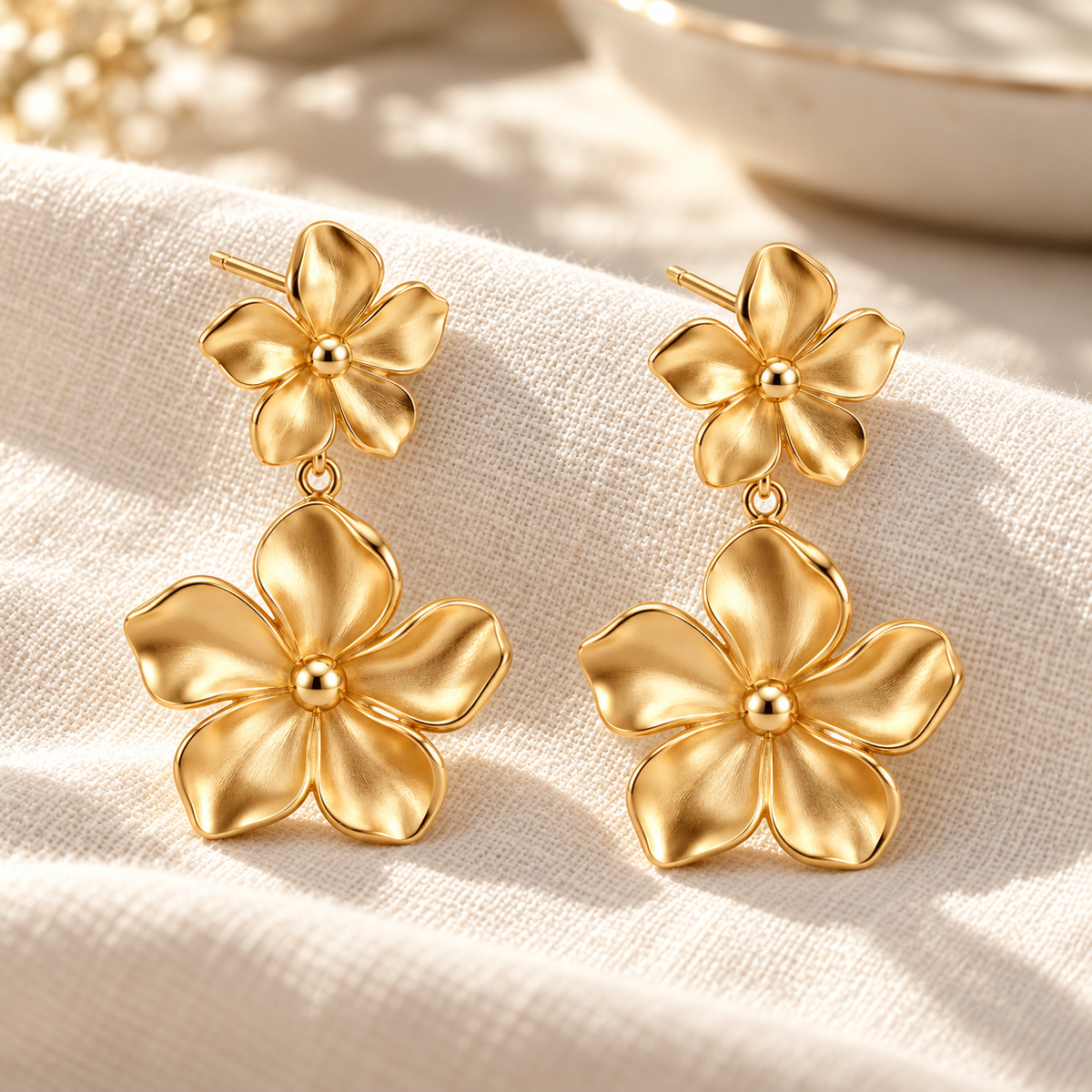Vellouswell Gold-Tone Double Flower Drop Earrings | Textured Petal Design