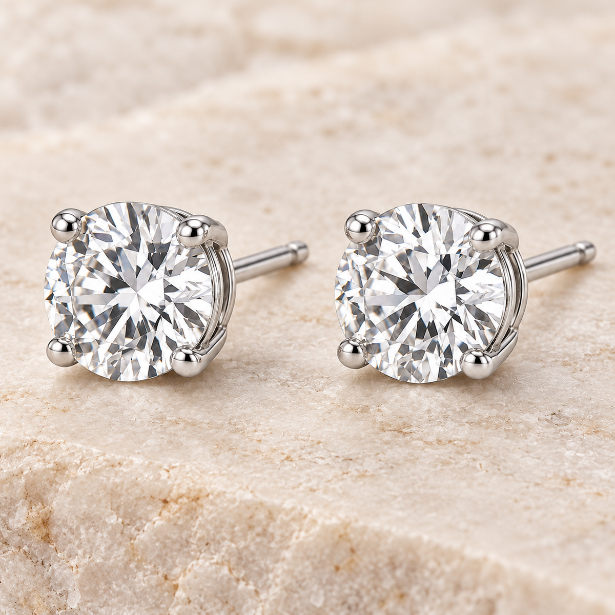 Vellouswell Round Crystal-Look Stud Earrings | Silver-Tone Four-Prong Design