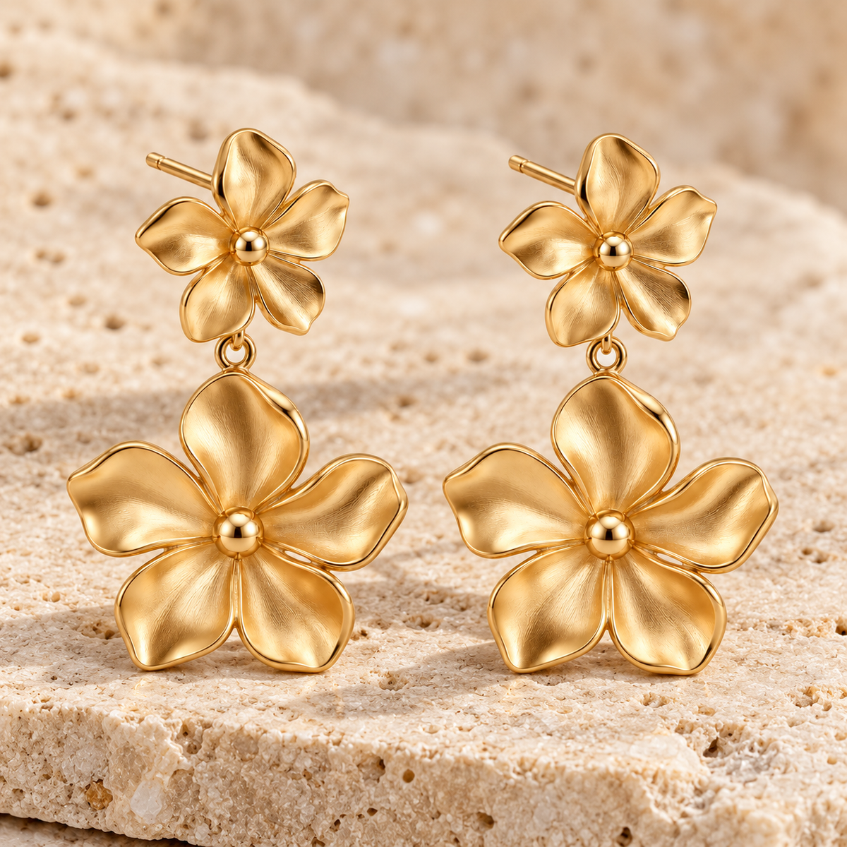 Vellouswell Gold-Tone Double Flower Drop Earrings | Textured Petal Design