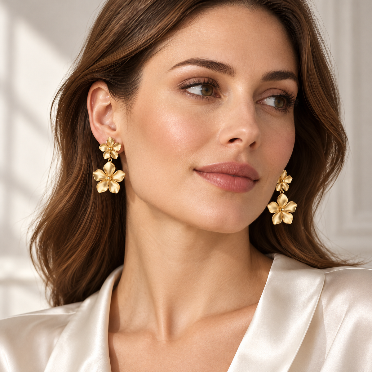 Vellouswell Gold-Tone Double Flower Drop Earrings | Textured Petal Design