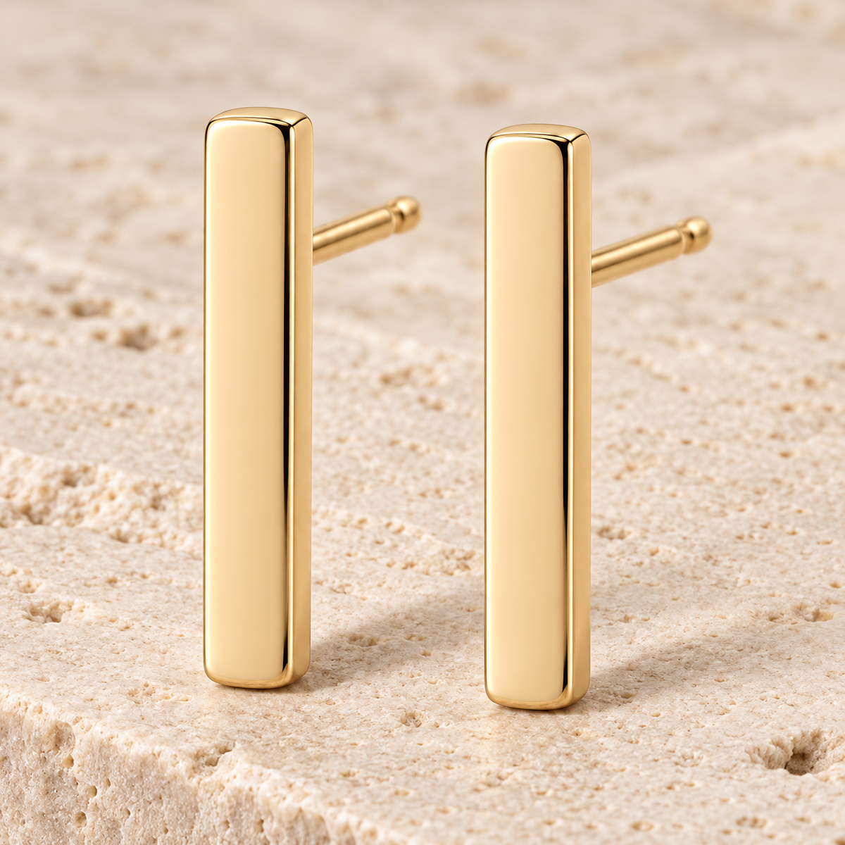 Vellouswell Gold-Tone Bar Stud Earrings | Rounded-Edge Minimalist Design