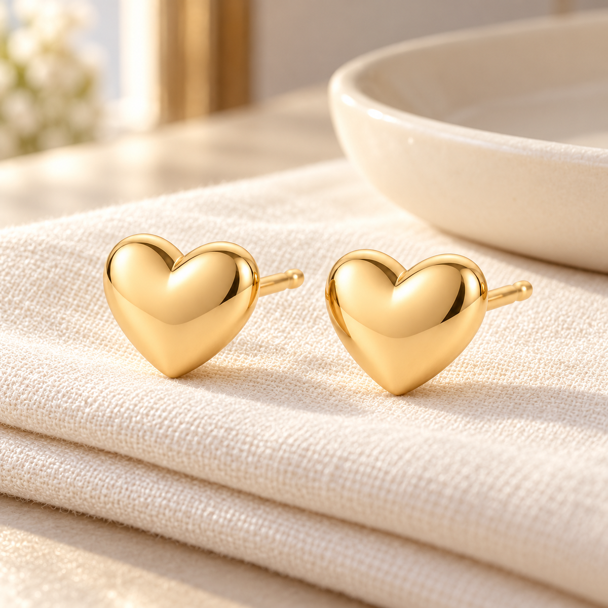 Vellouswell Gold-Tone Heart Stud Earrings | Rounded Reflective Design