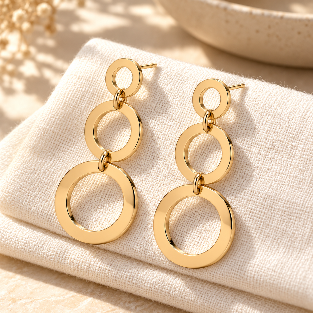 Vellouswell Gold-Tone Triple Circle Drop Earrings | Graduated Geometric Design