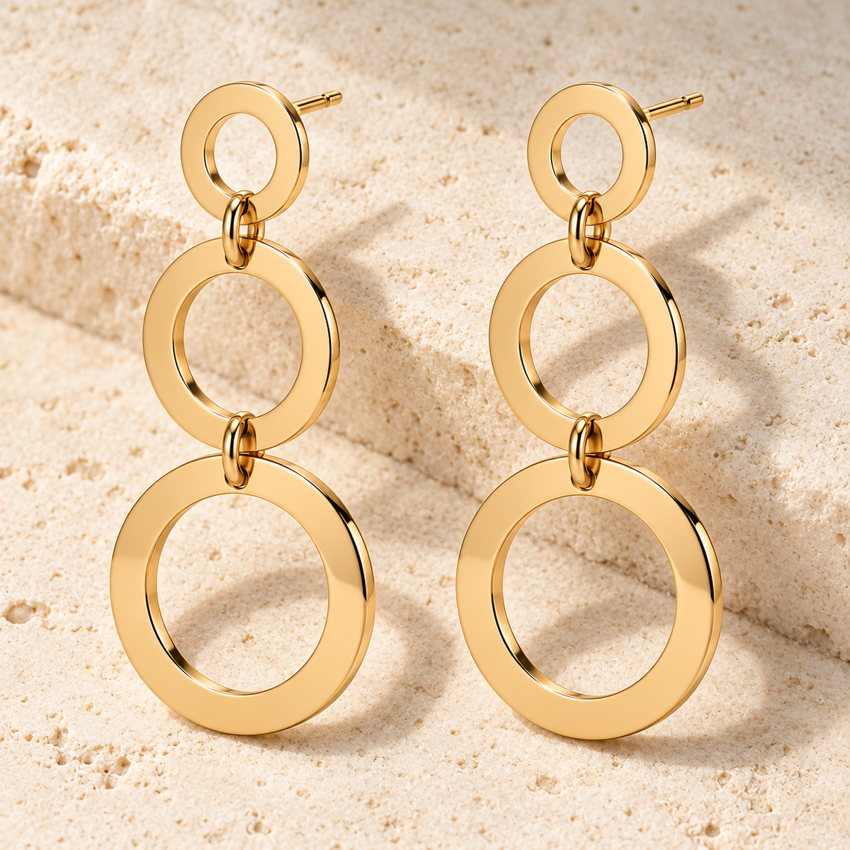 Vellouswell Gold-Tone Triple Circle Drop Earrings | Graduated Geometric Design