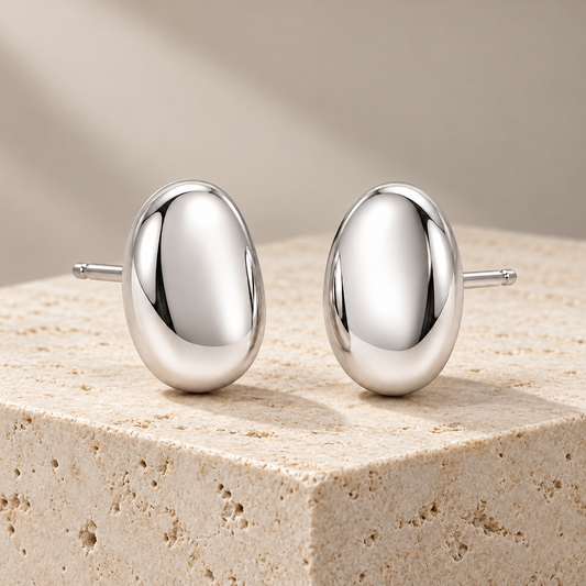 Vellouswell Silver-Tone Oval Stud Earrings | Sculptural Domed Design