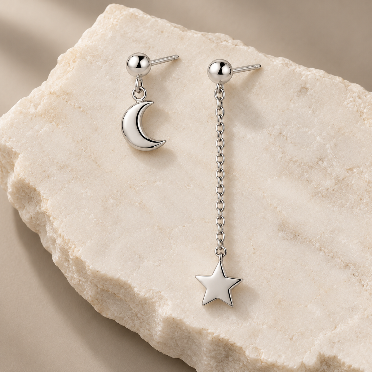 Vellouswell Silver-Tone Moon and Star Asymmetric Earrings | Long Chain Detail