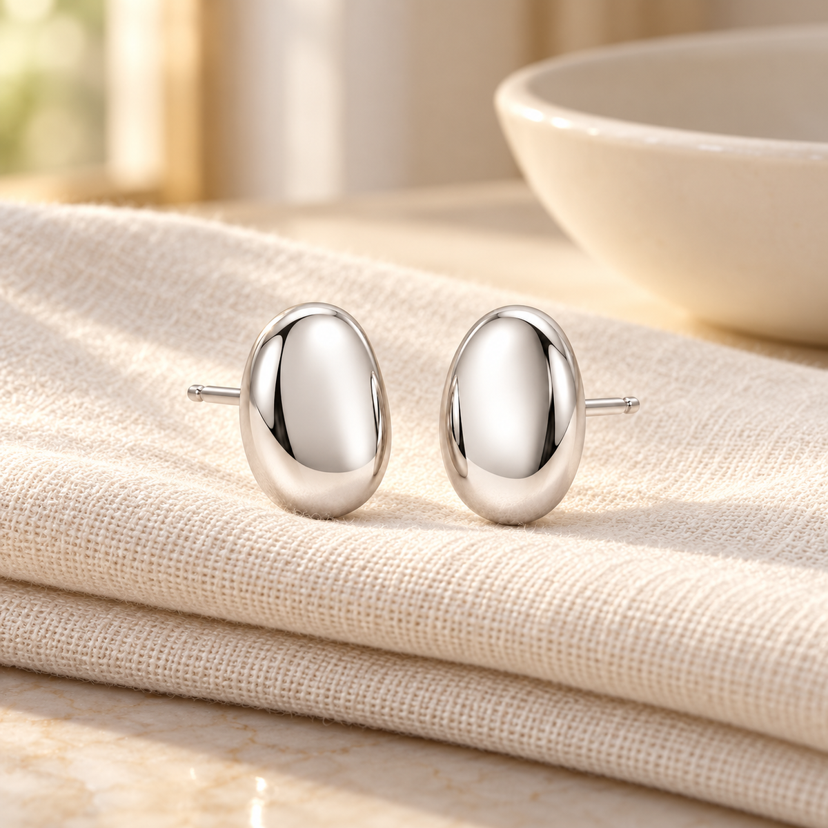 Vellouswell Silver-Tone Oval Stud Earrings | Sculptural Domed Design