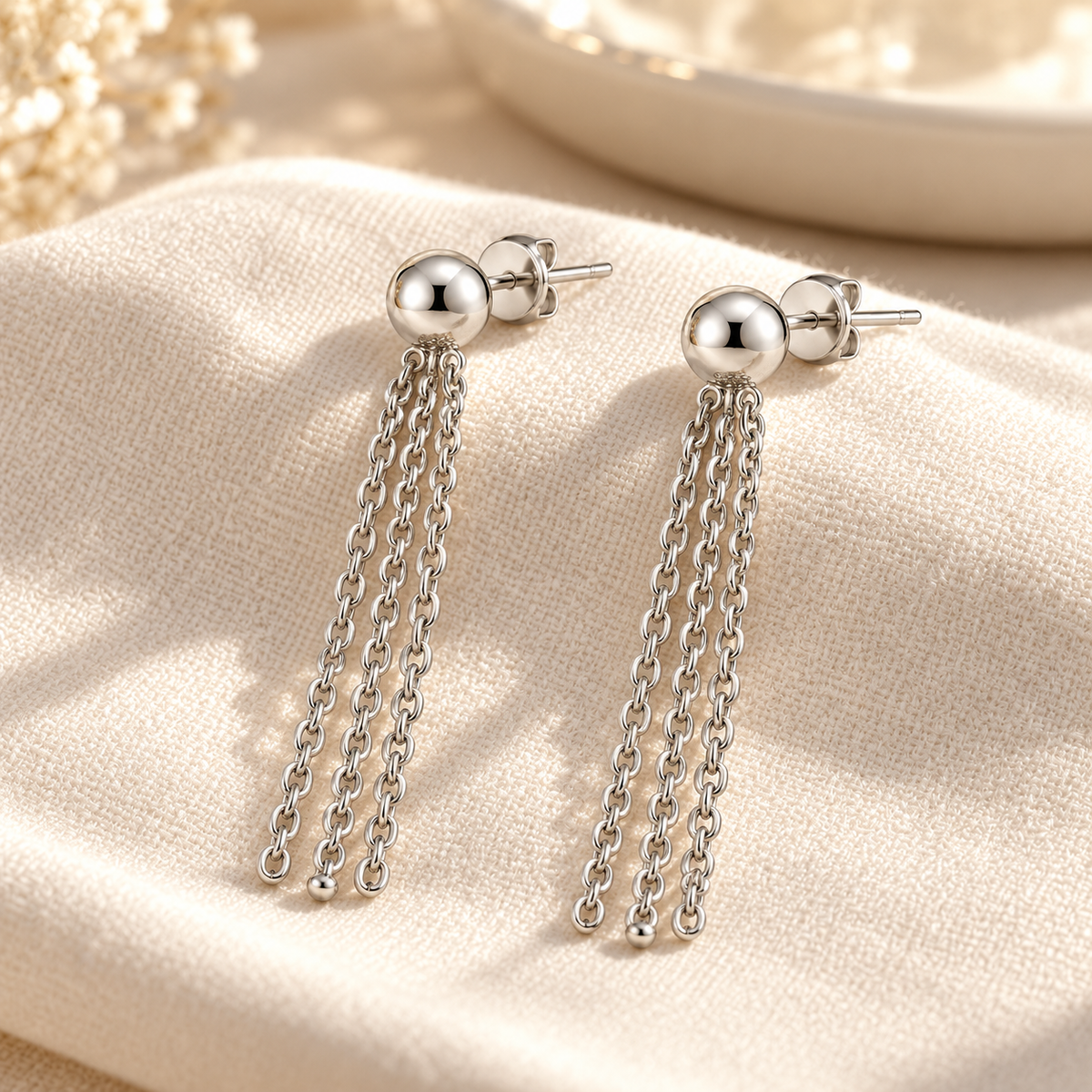 Vellouswell Silver-Tone Chain Tassel Earrings | Ball-Top Drop Design