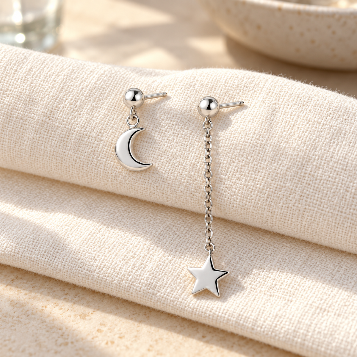 Vellouswell Silver-Tone Moon and Star Asymmetric Earrings | Long Chain Detail