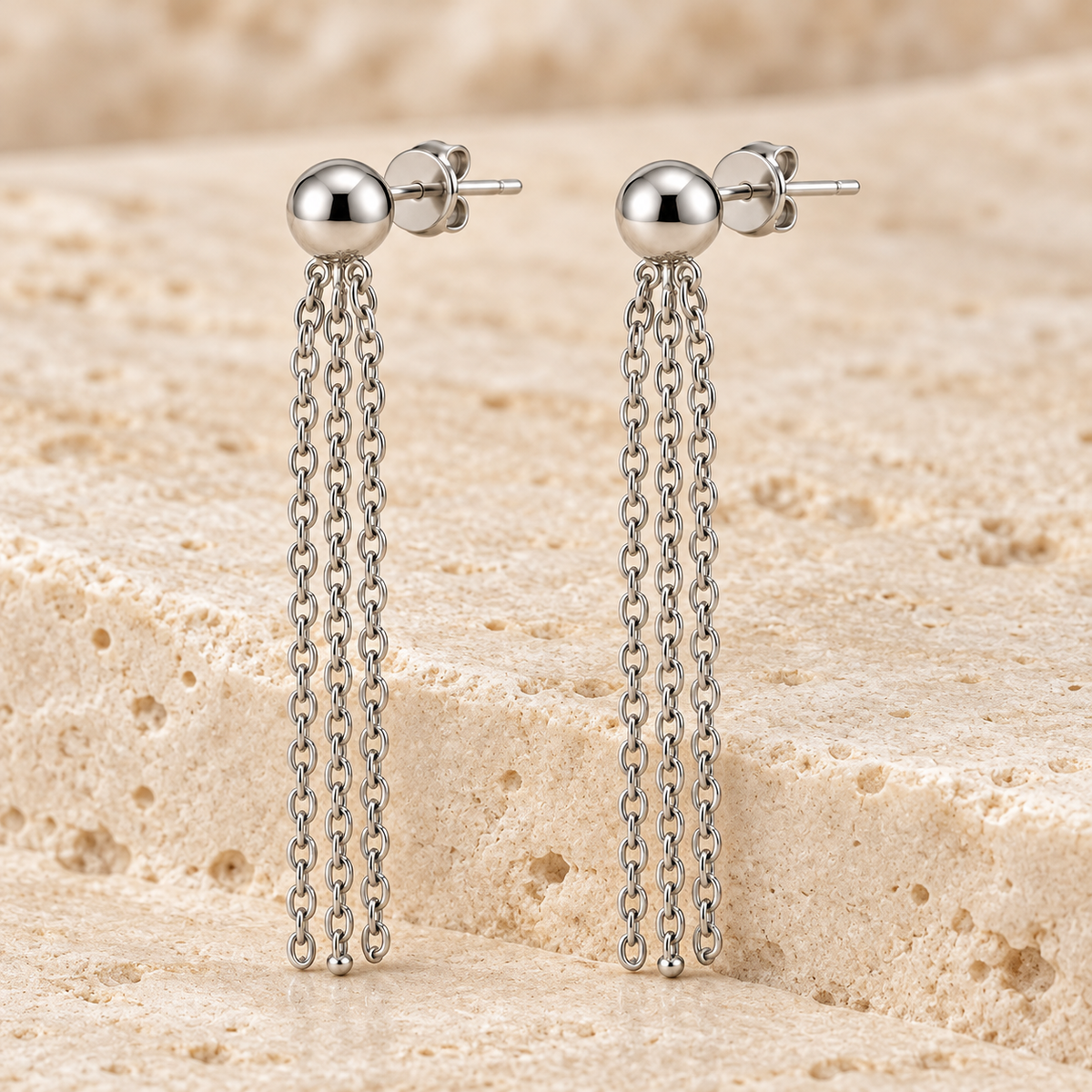 Vellouswell Silver-Tone Chain Tassel Earrings | Ball-Top Drop Design