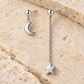 Vellouswell Silver-Tone Moon and Star Asymmetric Earrings | Long Chain Detail