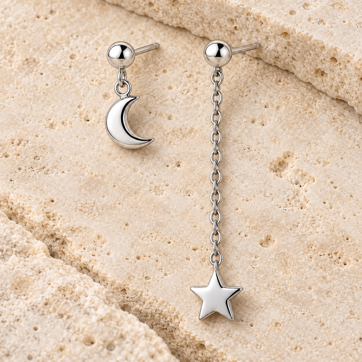 Vellouswell Silver-Tone Moon and Star Asymmetric Earrings | Long Chain Detail
