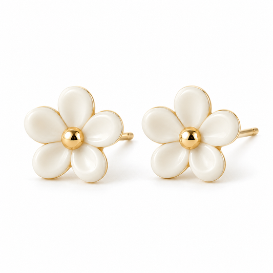 Vellouswell Cream Flower Stud Earrings | Gold-Tone Center and Edges