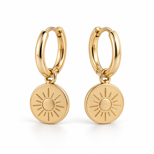 Vellouswell Gold-Tone Sun Disc Charm Hoop Earrings
