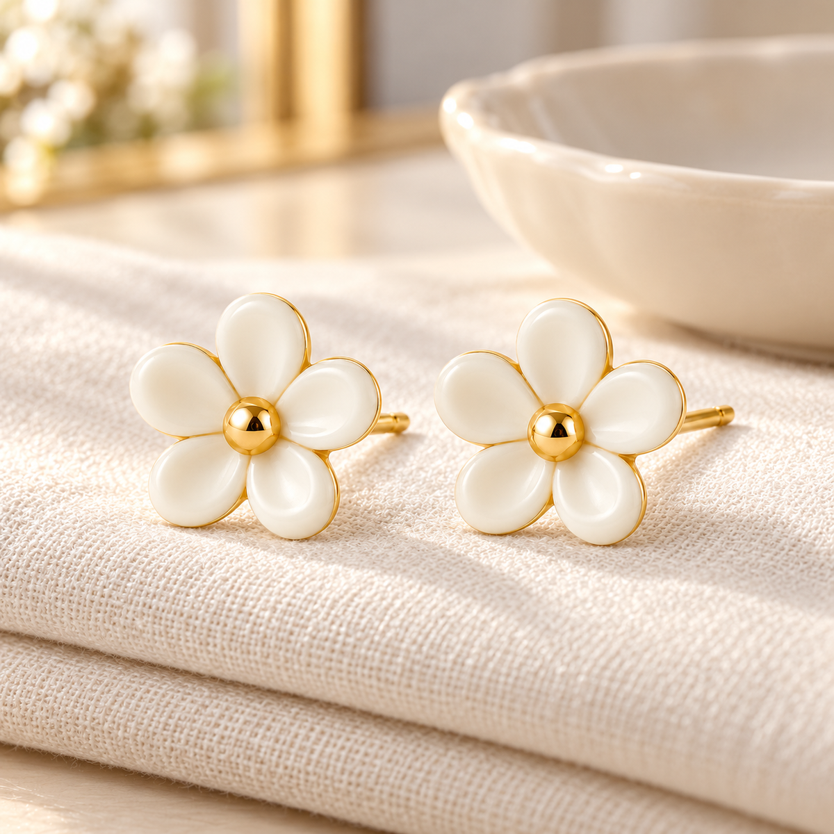 Vellouswell Cream Flower Stud Earrings | Gold-Tone Center and Edges