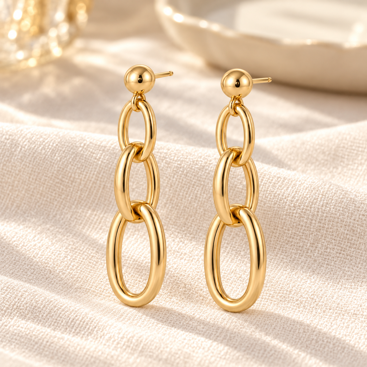 Vellouswell Gold-Tone Triple Oval Link Drop Earrings