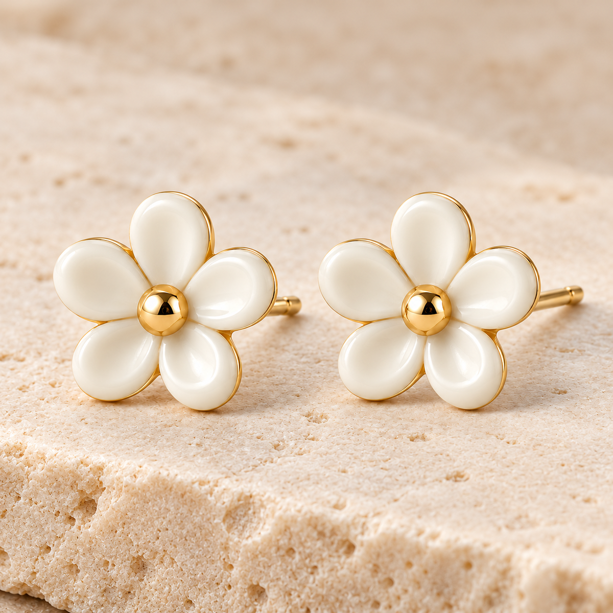 Vellouswell Cream Flower Stud Earrings | Gold-Tone Center and Edges